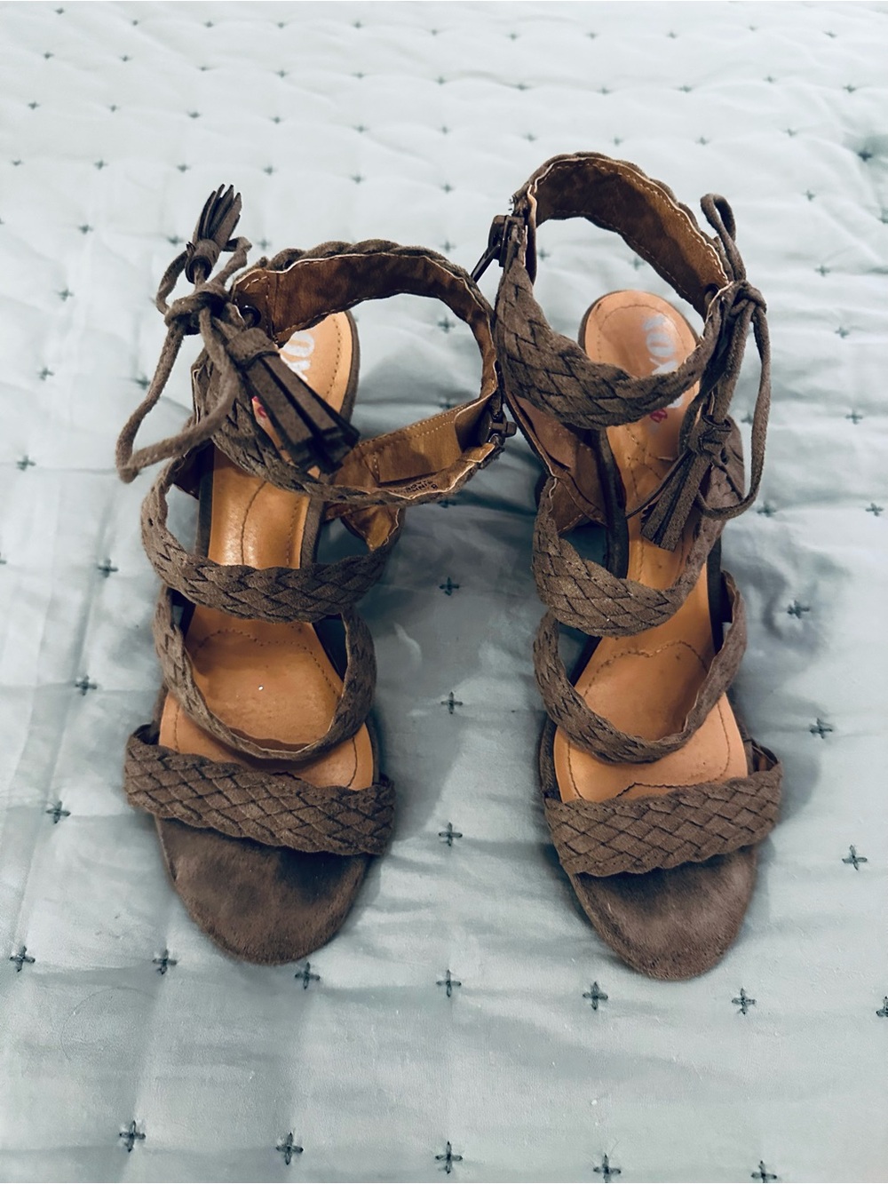Braided Strappy Women's Sandals - Brown heels with zip sides